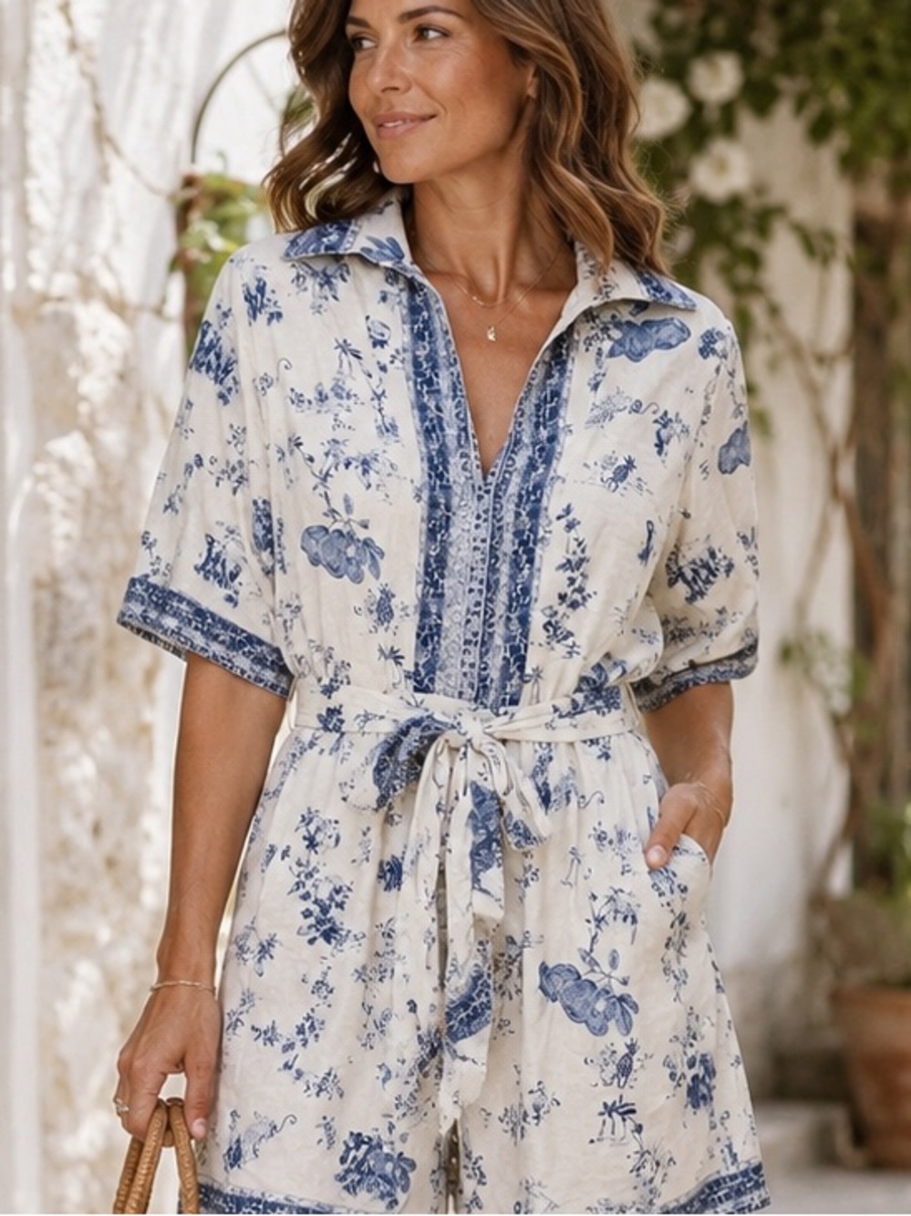 Calypso St. Barth Blue White Toile Linen Mini Dress Boho Coastal Resort Medium